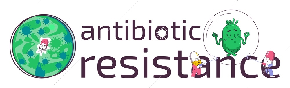 Antibiotic resistance flat text composition with drugs trying to fight microbe vector illustration
