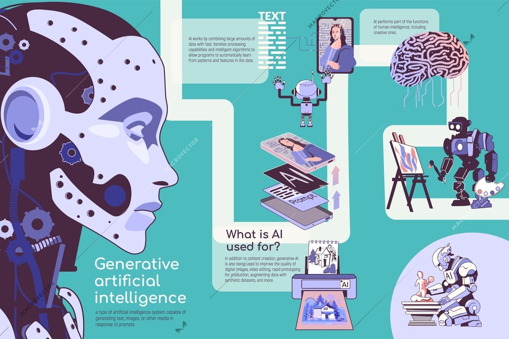 Ai generated flat infographic composition with robotic characters brain printer and smartphone with editable text captions vector illustration