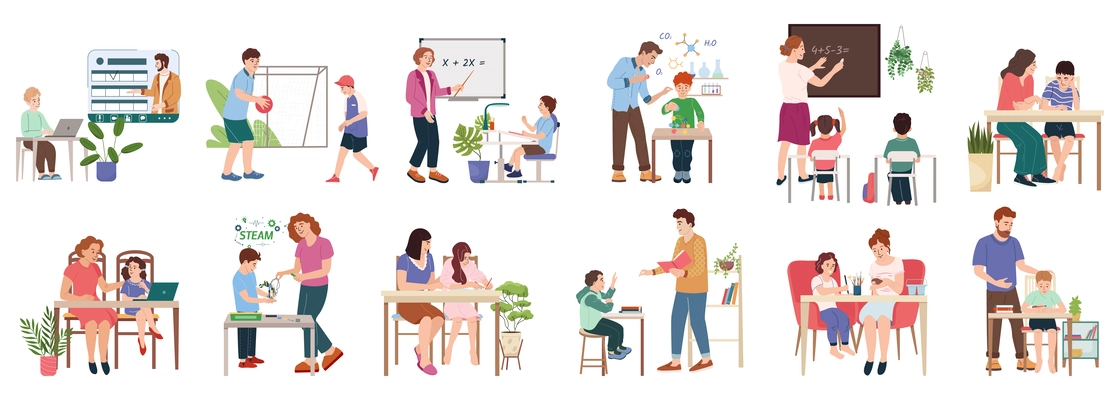 Education flat set of tutors school teachers and pupils at home and in school isolated vector illustration