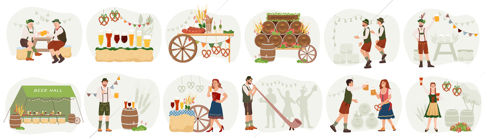 Oktoberfest flat set of people celebrating and have fun at annual beer festival vector illustration