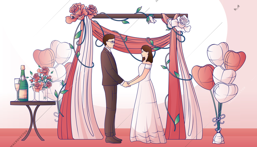 Wedding flat line composition with bride and groom holding hands bunches of balloons champagne and flowers vector illustration