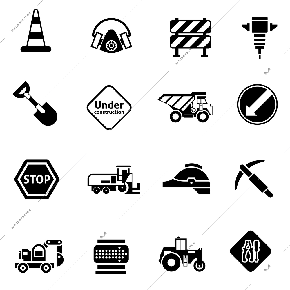 Road repair icons black with warning cone cement mixer builder truck isolated vector illustration