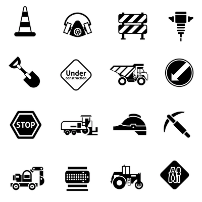 Road repair icons black with warning cone cement mixer builder truck isolated vector illustration