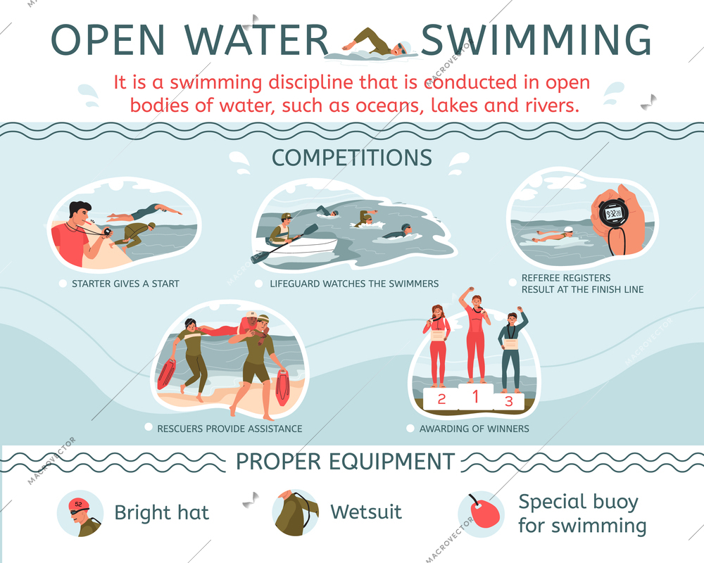 Swim open water flat infographic with type of competitions and proper equipment descriptions vector illustration