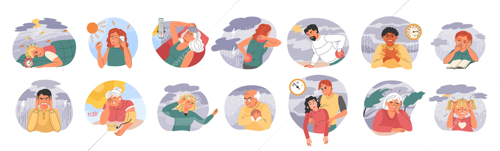 Weather dependence flat set of isolated round compositions with outdoor weather conditions and people getting sick vector illustration