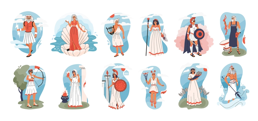 Set of isolated olympic gods flat compositions with views of outdoor sceneries and doodle human characters vector illustration