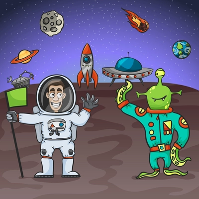 Astronaut and alien friendly meeting with extraterrestrial background vector illustration