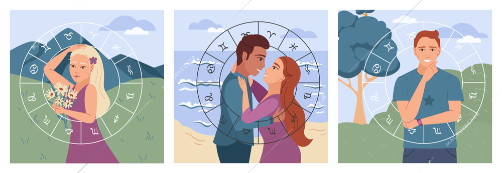 Horoscope flat set with astrological zodiac signs and people isolated vector illustration