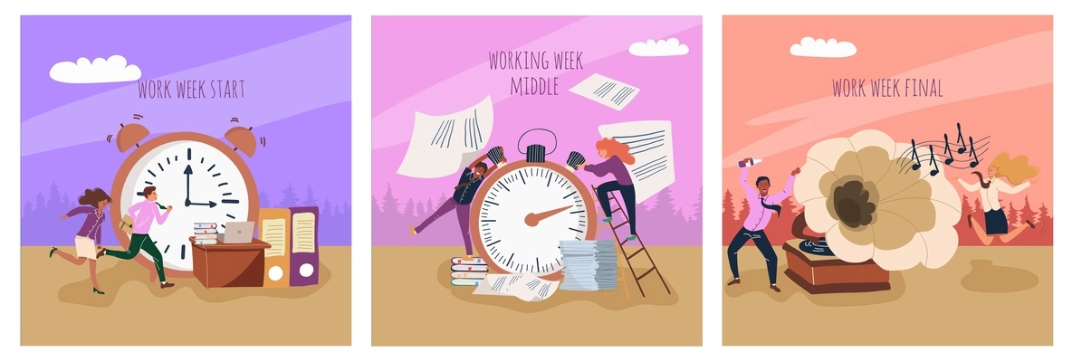 Flat concept set with busy people working at beginning and in middle of work week and relaxing on friday isolated vector illustration