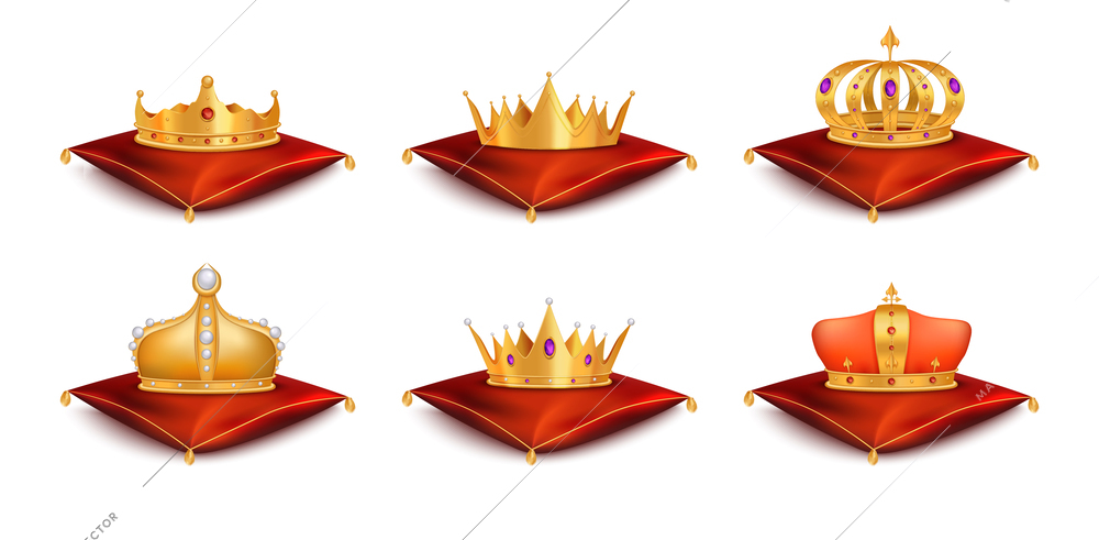 Golden royal crown set with monarchy symbols realistic isolated vector illustration