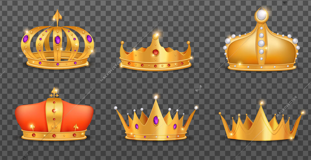 Golden royal crown transparent set realistic isolated vector illustration