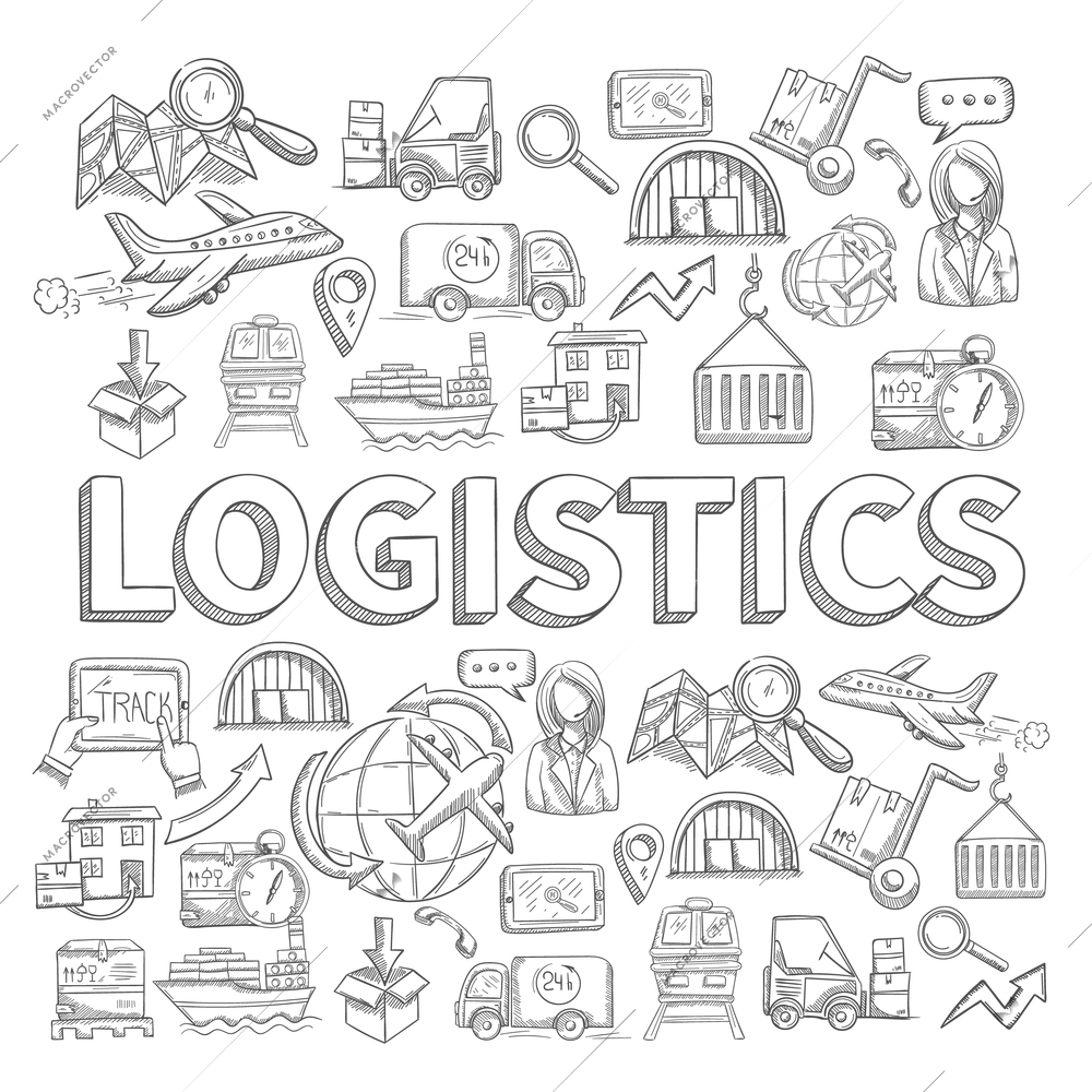 Logistic sketch concept with transportation and shipping commerce decorative icons set vector illustration