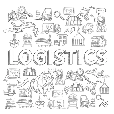 Logistic sketch concept with transportation and shipping commerce decorative icons set vector illustration