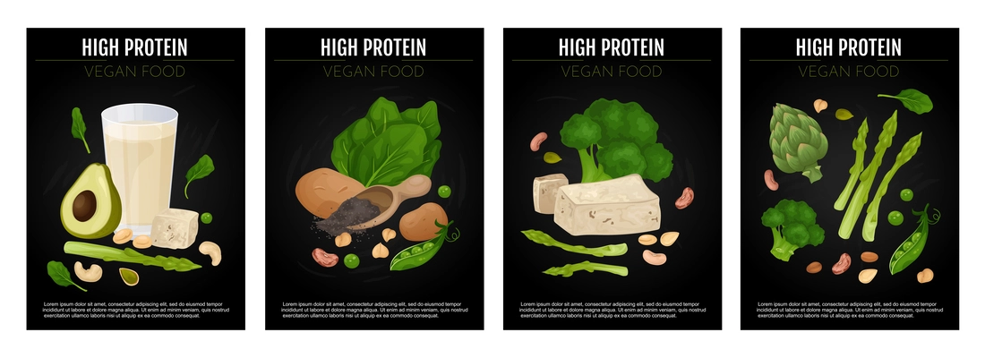 Set with four isolated vegan protein food posters with editable text and compositions of vegetarian meals vector illustration
