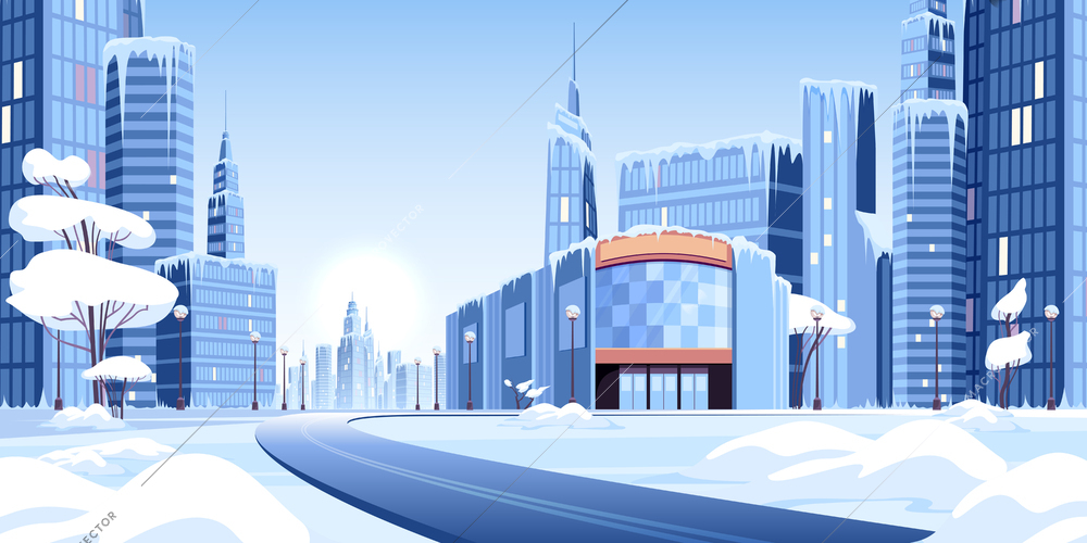 Ice snow modern city composition with winter view of urban area covered in snow and ice vector illustration