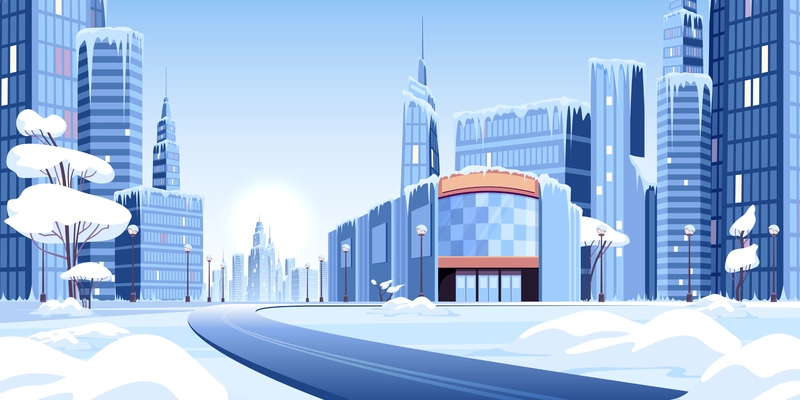 Ice snow modern city composition with winter view of urban area covered in snow and ice vector illustration