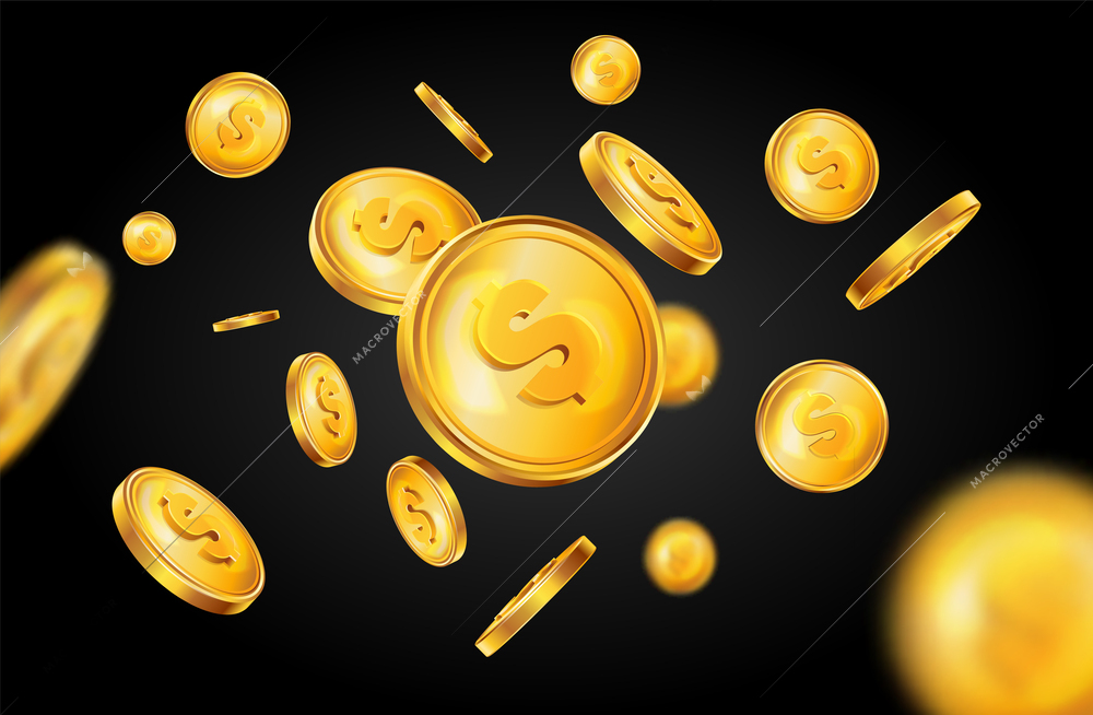 Realistic golden coins composition of black background and flying dollar cents colored in gold in motion vector illustration