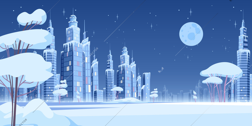 Ice snow modern city composition with night scenery of snowy city park with icicles on skyscrapers vector illustration