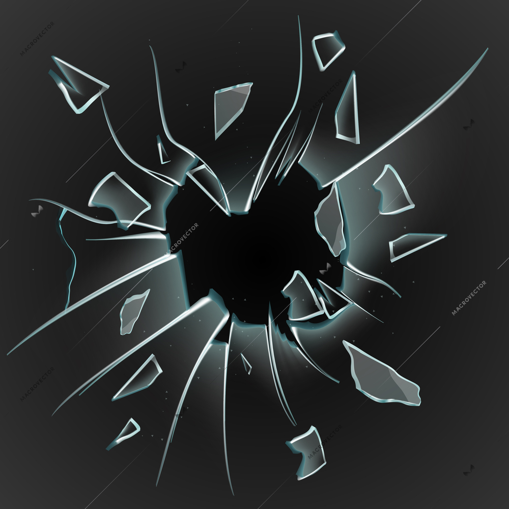 Realistic broken glass composition with black background and images of falling shards surrounding hole in glass vector illustration