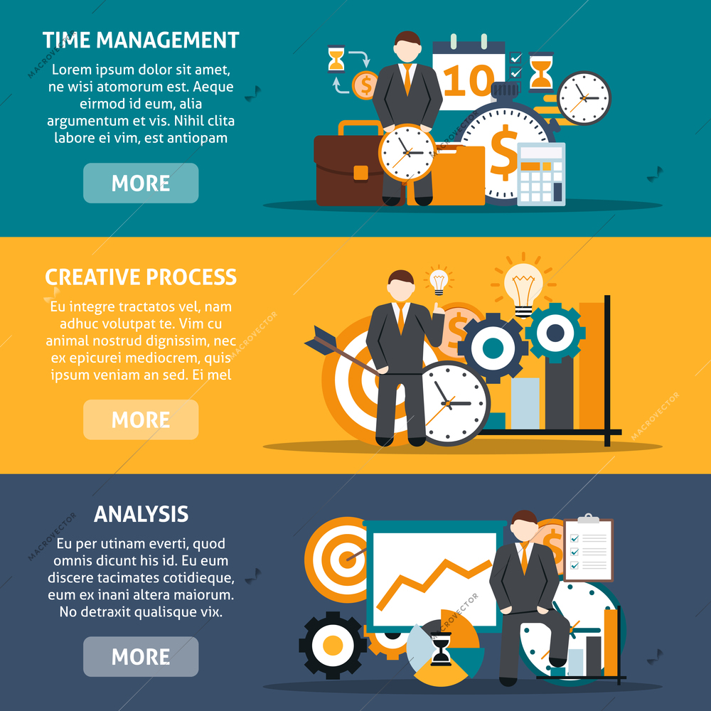 Time management horizontal banners set with creative process and analysis elements isolated vector illustration