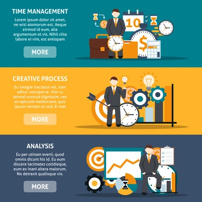 Time management horizontal banners set with creative process and analysis elements isolated vector illustration