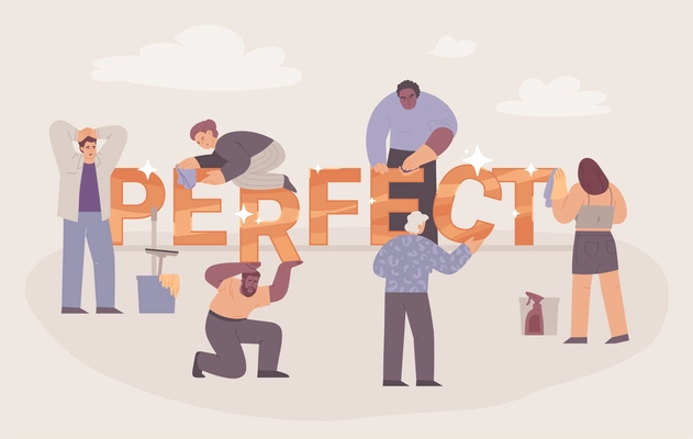 Perfectionism concepts flat lettering composition with text surrounded by doodle style human characters and cloud silhouettes vector illustration