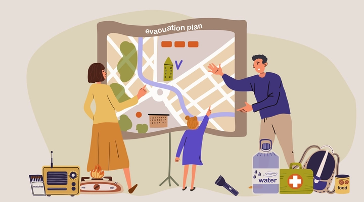 Disaster prevention flat composition with view of family members with child and map with colorful marks vector illustration