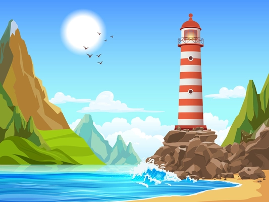 Lighthouse landscape composition with exotic wild scenery with mountains river bay and tower standing on cliffs vector illustration