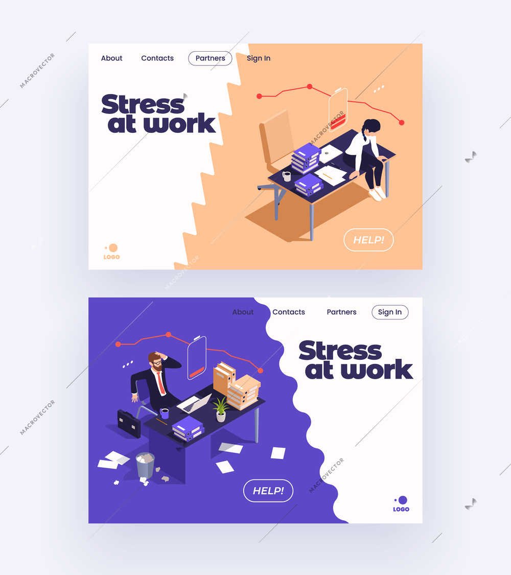 Office people isometric banner set with business men dealing with work stress isolated vector illustration