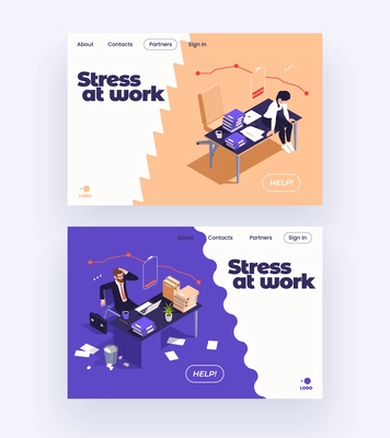 Office people isometric banner set with business men dealing with work stress isolated vector illustration