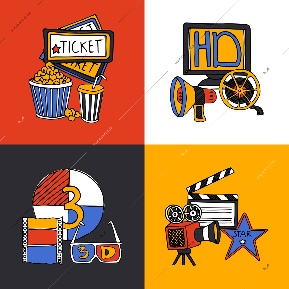 Cinema retro film house tickets 3d glasses with movie projector four flat icons composition abstract vector illustration