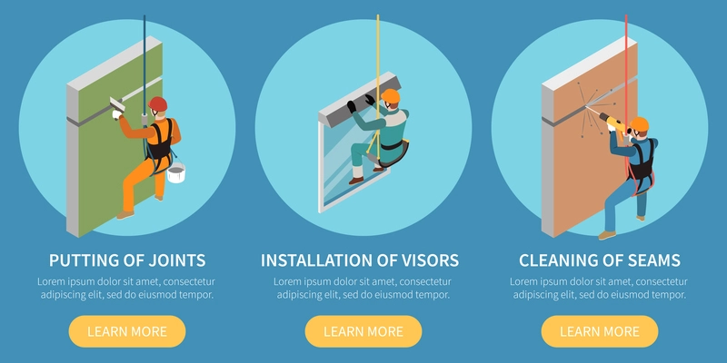 Height works design concept set of three isometric compositions  depicting visors installation putting of joints cleaning of seams vector illustration