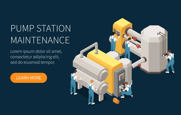Industrial maintenance engineer technician colored and isometric concept with pump station maintenance headline vector illustration