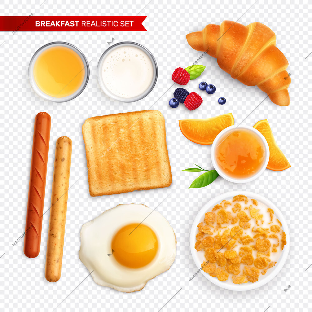 Breakfast realistic set on transparent background with isolated images of corn flakes honey eggs toast croissant vector illustration