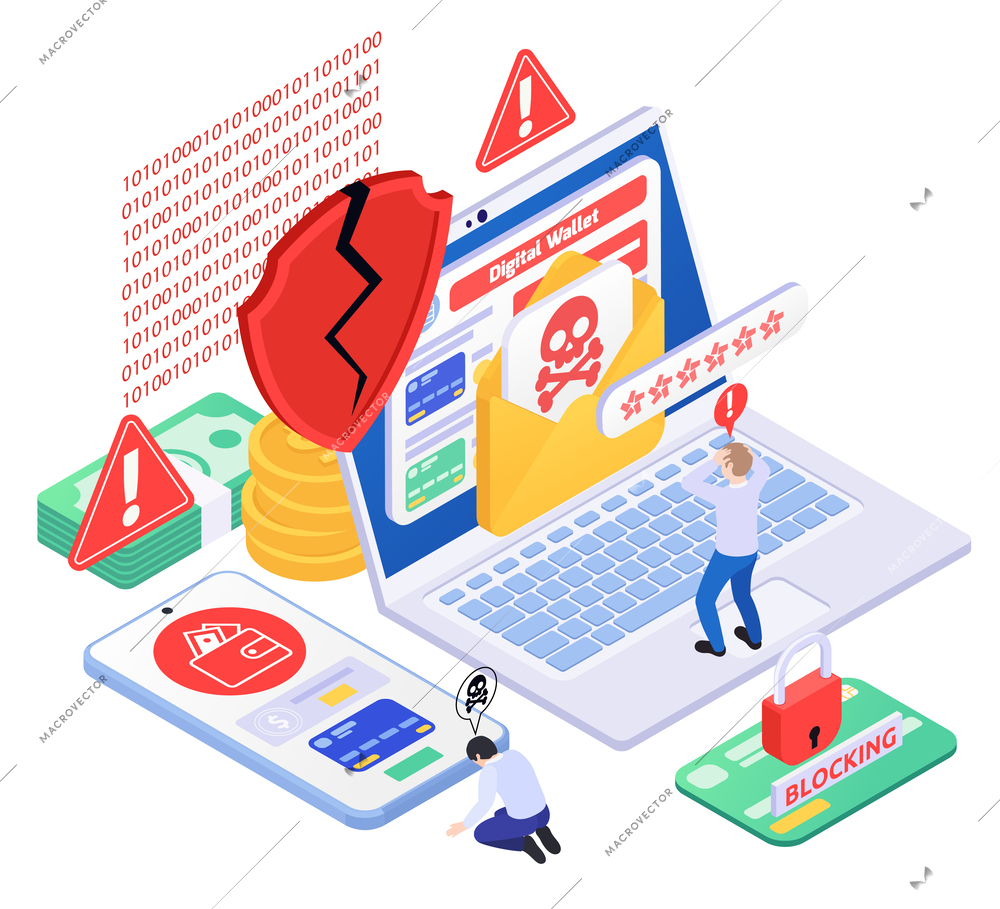 Secure payment isometric composition with icons of cracked shield warning signs with money computer and smartphone vector illustration