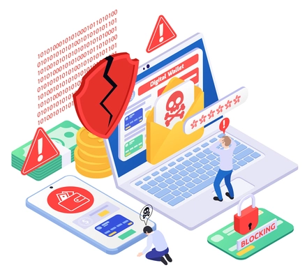 Secure payment isometric composition with icons of cracked shield warning signs with money computer and smartphone vector illustration