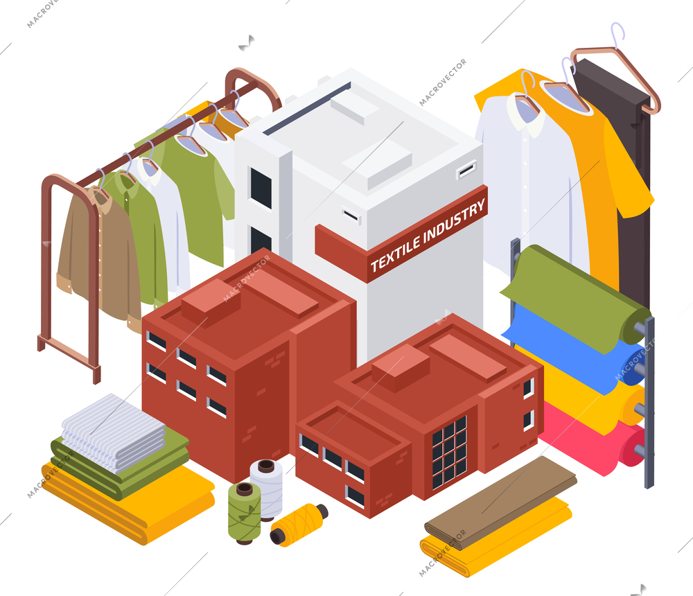 Textile industry isometric composition with isolated view of racks with fashionable clothes and cotton mill buildings vector illustration