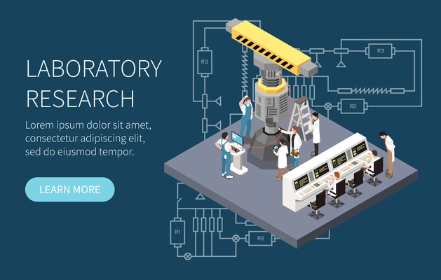 Research development isometric concept with engineers in tech lab vector illustration