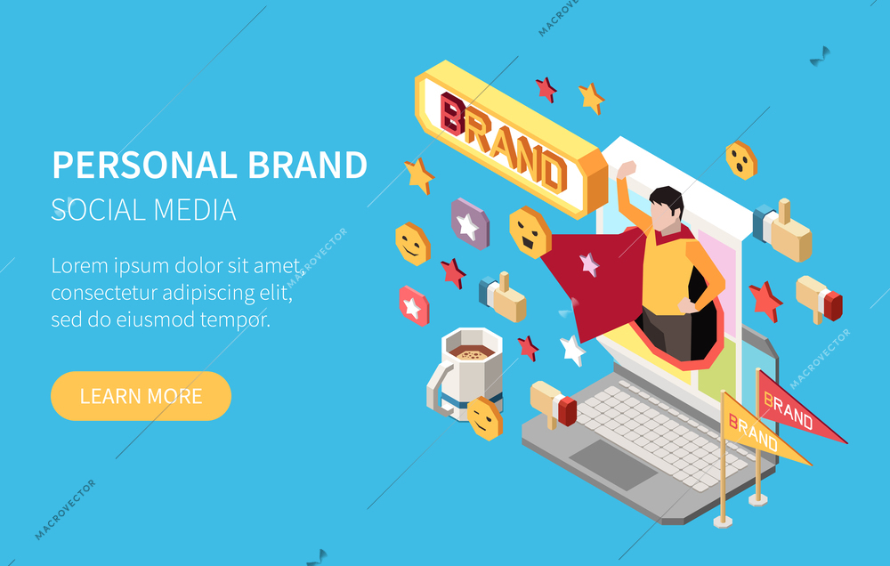 Personal branding isometric concept with social media development vector illustration
