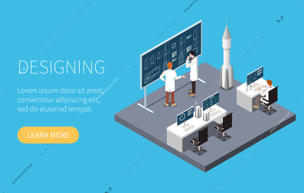 Rocket building isometric concept with scientists during spacecraft designing vector illustration