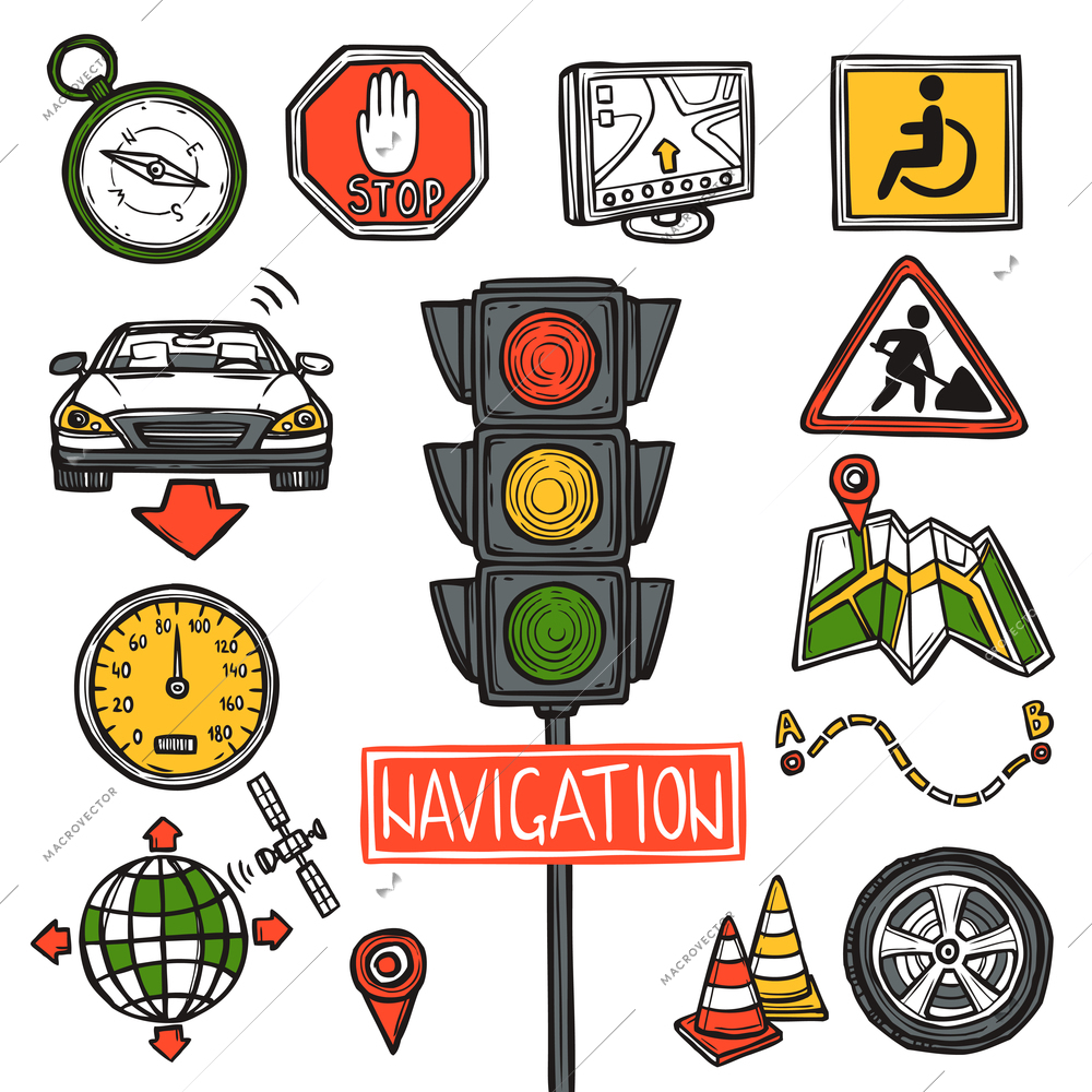 Navigation gps position and geography location decorative icons sketch set isolated vector illustration