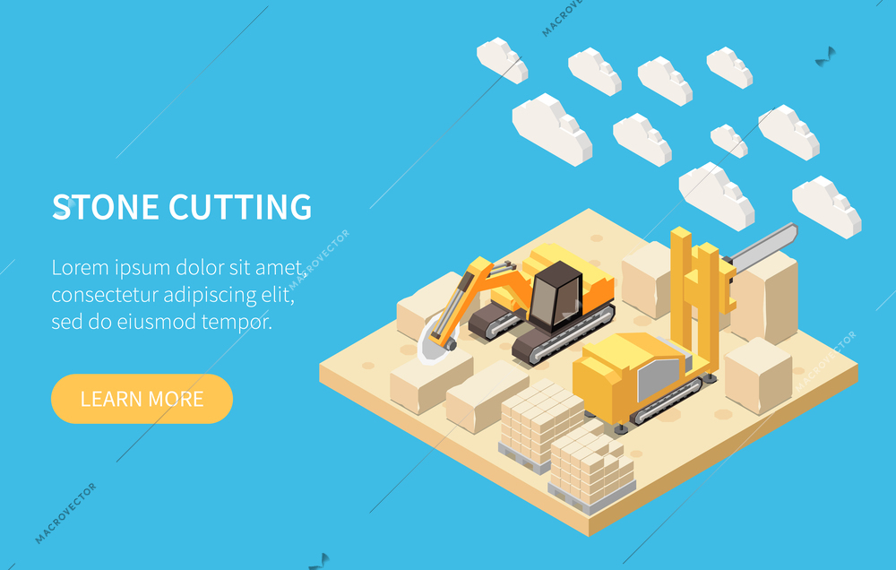 Stone factory isometric concept with marble and granite cutting quarry vector illustration