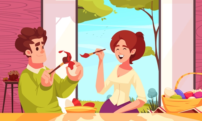 Easter cartoon composition with young couple painting holiday eggs vector illustration