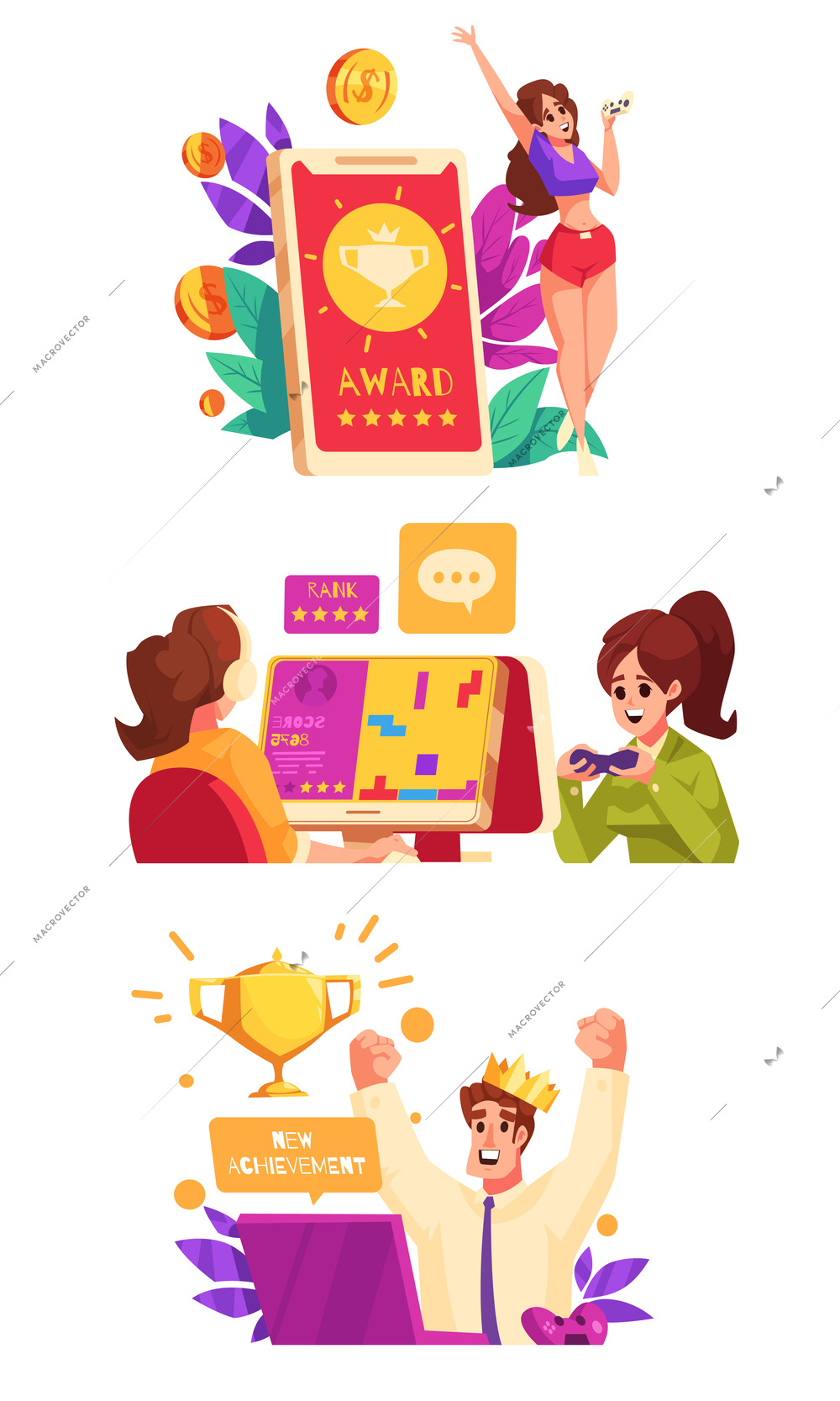 Gamification cartoon composition set with business people achieving game goals isolated vector illustration