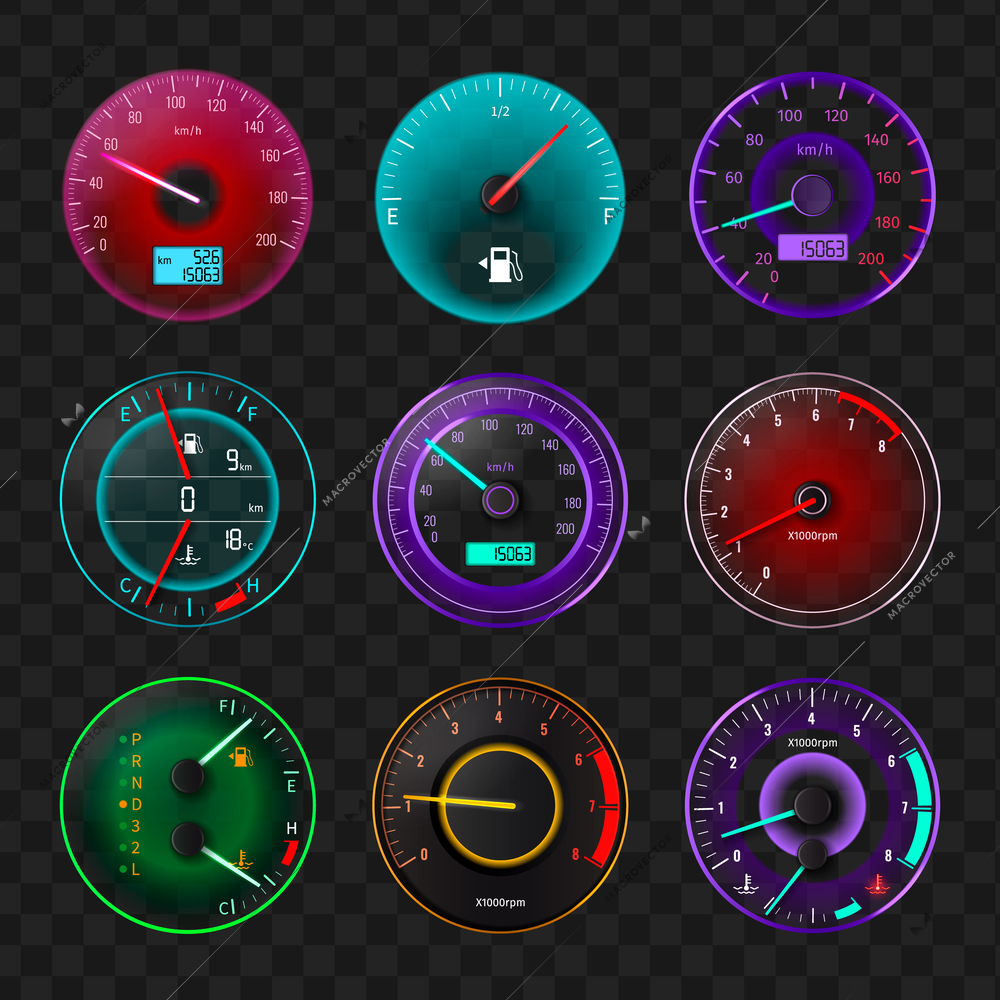 Colorful realistic auto speedometer icons isolated on transparent background vector illustration