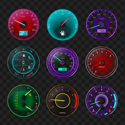 Colorful realistic auto speedometer icons isolated on transparent background vector illustration