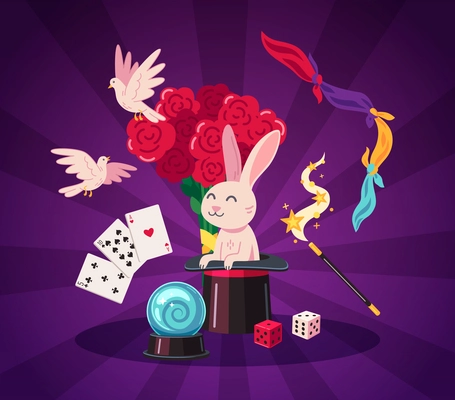 Magician cartoon composition with magic trick accessories and rabbit in hat vector illustration