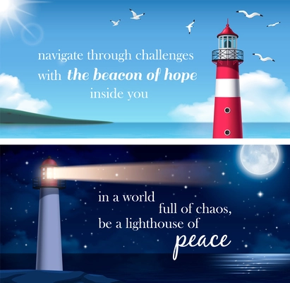 Lighthouse day and night realistic horizontal banner set isolated vector illustration