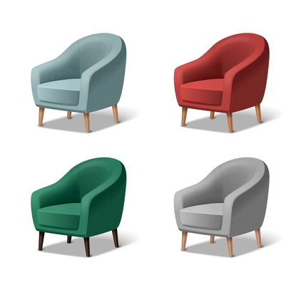 Realistic armchair icons set with classic upholstery chairs in different colors isolated vector illustration
