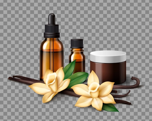 Realistic vanilla set with spice sticks and cosmetic products on transparent background vector illustration